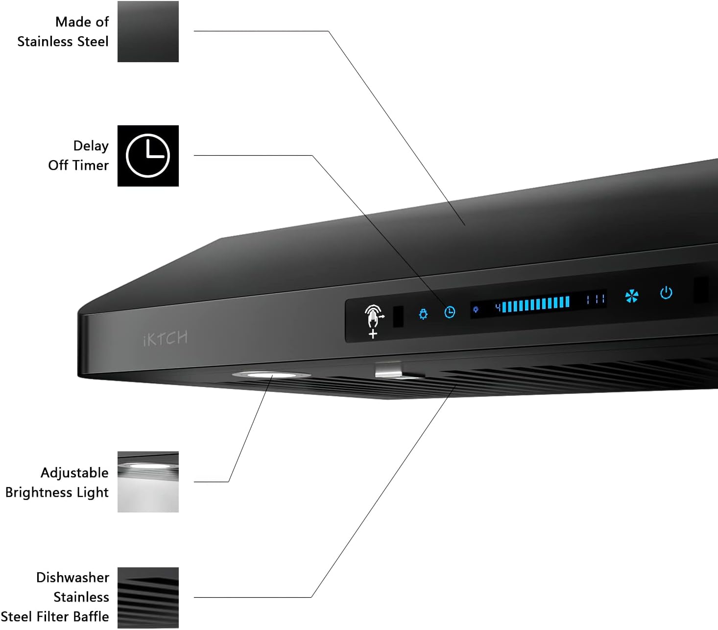 IKTCH 36 inch Range Hood 900 CFM, Black Under Cabinet Kitchen Vent Hood with 4 Speed ​​Gesture Sensing&Touch Control Panel