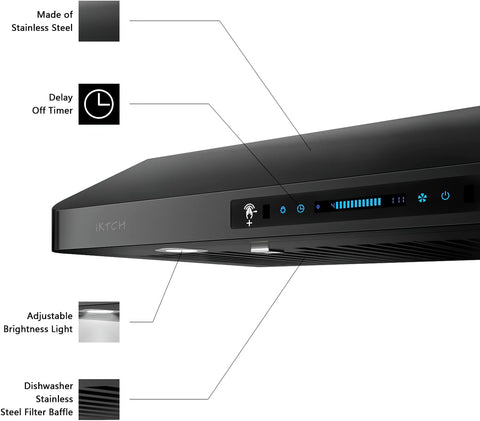 IKTCH 30" Black Under Cabinet Range Hood, 900 CFM, Gesture & Touch Control