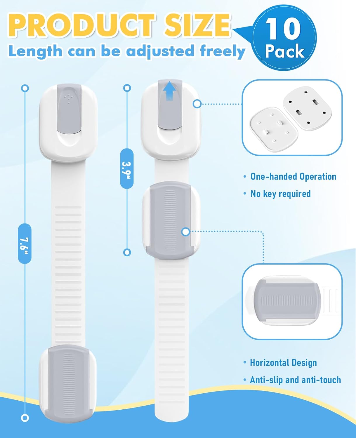 10 Pack Cabinet Locks Baby Proofing, Child Proof Cabinet Locks with 3M Adhesive - Easy Installation with Adjustable Straps, Multi-Purpose Child Safety Latches for Drawers Fridge Trash Cans White-Gray
