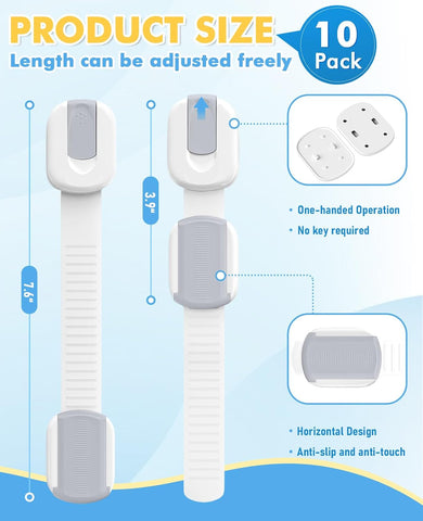 10 Pack Cabinet Locks Baby Proofing, Child Proof Cabinet Locks with 3M Adhesive - Easy Installation with Adjustable Straps, Multi-Purpose Child Safety Latches for Drawers Fridge Trash Cans White-Gray
