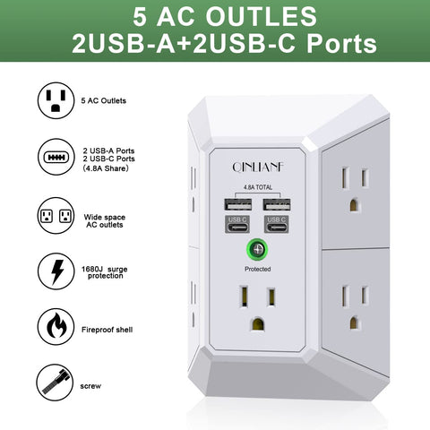 USB Wall Charger, Surge Protector, QINLIANF 5 Outlet Extender with 4 USB Charging Ports (4.8A Total) 3-Sided 1680J Power Strip Multi Plug Outlets Wall Adapter Spaced for Home Travel Office(2U2C),White