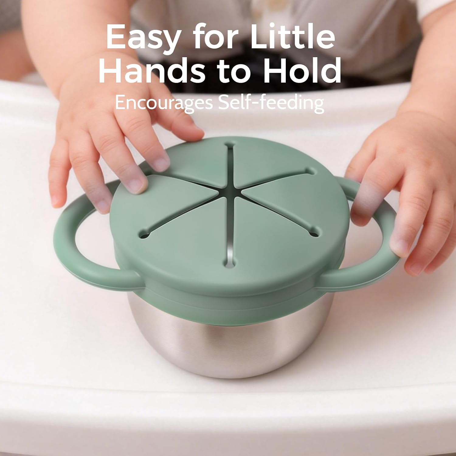 2 Pack Stainless Steel Spill Proof Snack Cup for Baby Toddlers Kids, with Silicone Food Catcher, Travel Lid, Spill-Proof Bowl Containers, Non Toxic BPA Free (Ash Green and Off-white)
