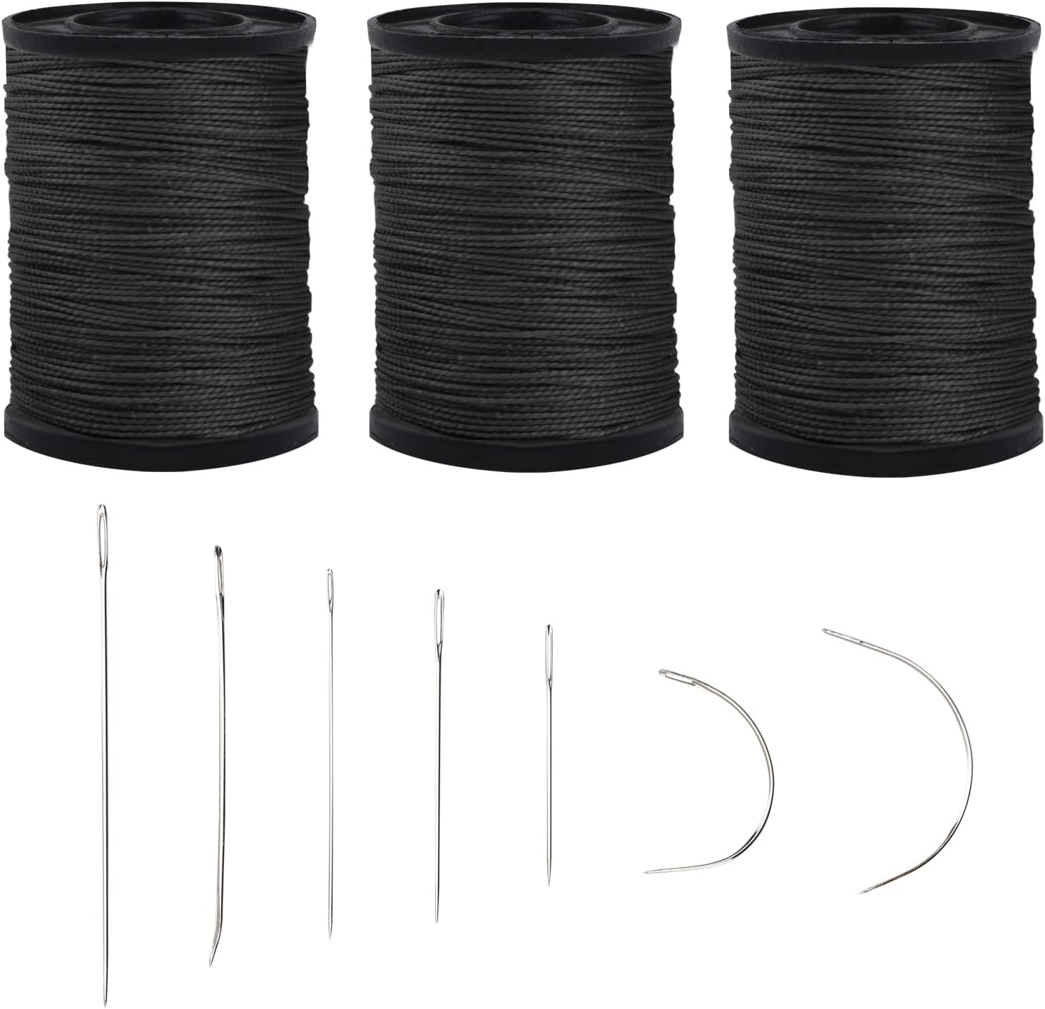 Topus Extra Strong Upholstery Repair Sewing Thread Kit and Heavy Duty Household Hand Needles, Including 7 Styles of Leather Canvas Sewing Needles and 3 Rolls Nylon Thread (70 Yard of Each Roll), Black