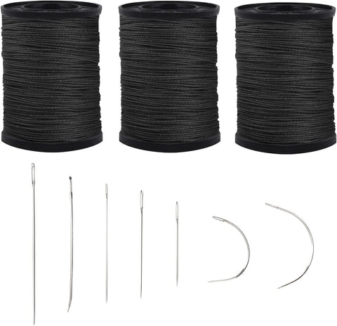 Topus Extra Strong Upholstery Repair Sewing Thread Kit and Heavy Duty Household Hand Needles, Including 7 Styles of Leather Canvas Sewing Needles and 3 Rolls Nylon Thread (70 Yard of Each Roll), Black