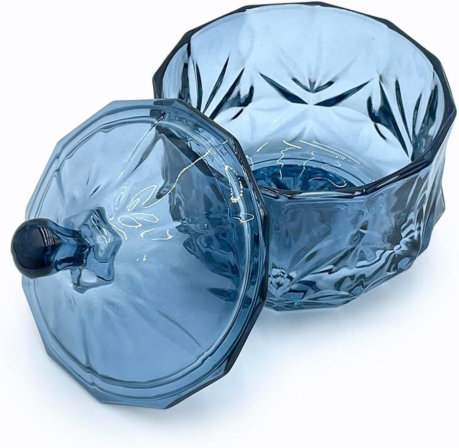 8oz Glass Candy Dish with Non-Airtight Lid,Small Crystal Candy Jar for Office Desk,Cotton Round Holder,Office,Bathroom,Dining Room Organizer (Gray Blue)