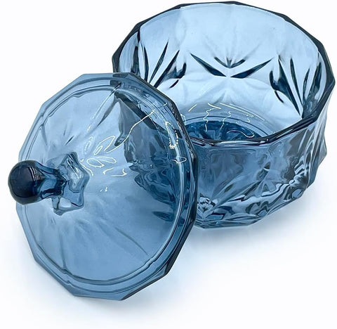 8oz Glass Candy Dish with Non-Airtight Lid,Small Crystal Candy Jar for Office Desk,Cotton Round Holder,Office,Bathroom,Dining Room Organizer (Gray Blue)