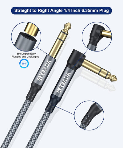 AkoaDa 1/4 Inch TRS Instrument Cable (20 ft 2Pack), Right Angle 6.35mm Male Jack Stereo Audio Interconnect Cord,Compatible for Bass,Keyboard,Mixer,Amplifier,Amp,ect
