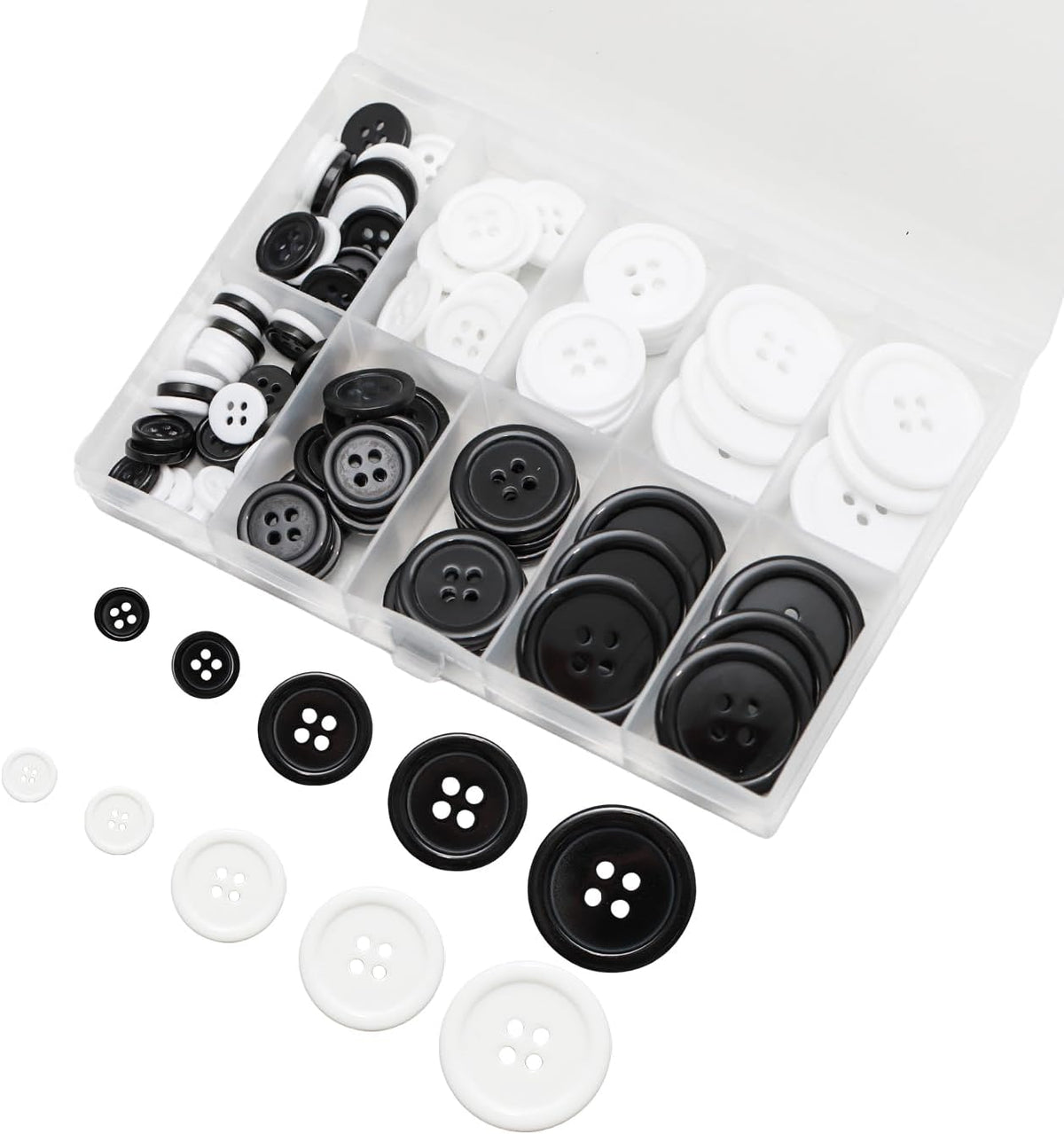 Lilaly 100 pcs Buttons for Crafts Buttons, Button DIY Buttons, Mixed Sewing Buttons, 5 Sizes of Round Mixed Buttons Suitable for for Crafts, Coats, Shirts, Pants, Shorts and More(White & Black)