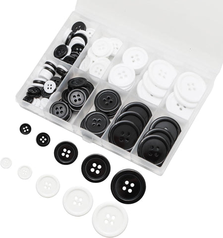 Lilaly 100 pcs Buttons for Crafts Buttons, Button DIY Buttons, Mixed Sewing Buttons, 5 Sizes of Round Mixed Buttons Suitable for for Crafts, Coats, Shirts, Pants, Shorts and More(White & Black)