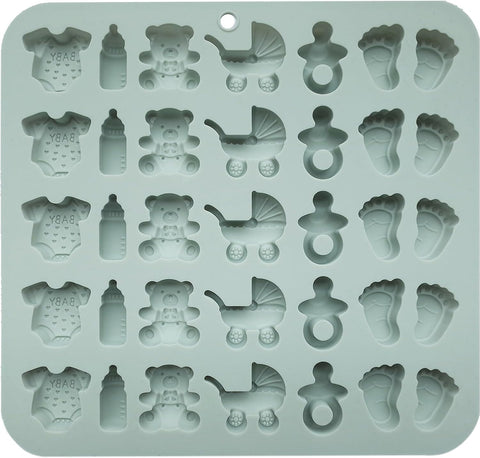 ScivoKaval Baby Shower Silicone Mold with Onesie Pacifier Bottle Baby Footprint Bear Carriage Mold for Chocolate Cake Candy Gummy Cupcake Decoration Party Cupcake Topper