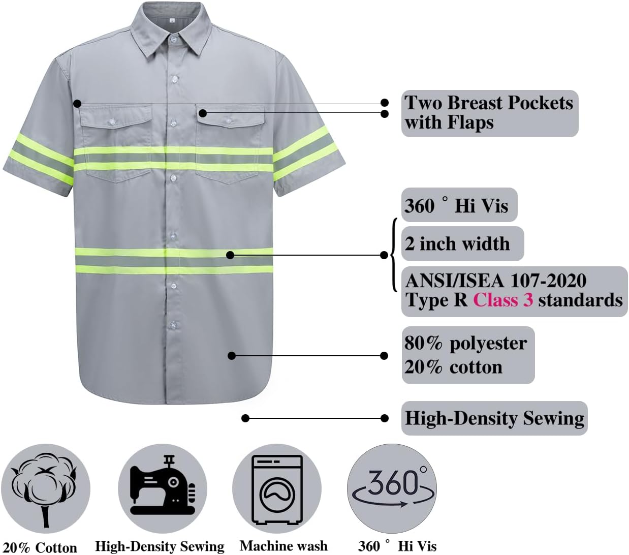 Ousafeve Class 3 Hi Vis Button Up Safety Work Shirts for Men Reflective