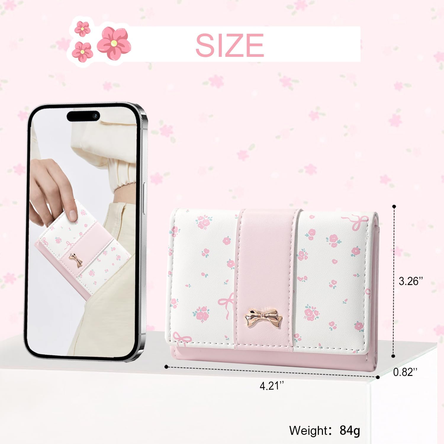 Cute Coquette Floral Bow Small Wallet for Women Girls (PINK)
