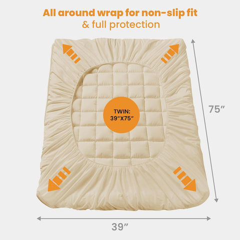 MATBEBY Twin Size Mattress Pad - Cooling Breathable Mattress Topper, Quilted Fitted Mattress Protector, Pillow Top Mattress Cover with 8-21" Deep Pocket, Soft, Machine Washable, Beige, 39x75 Inches