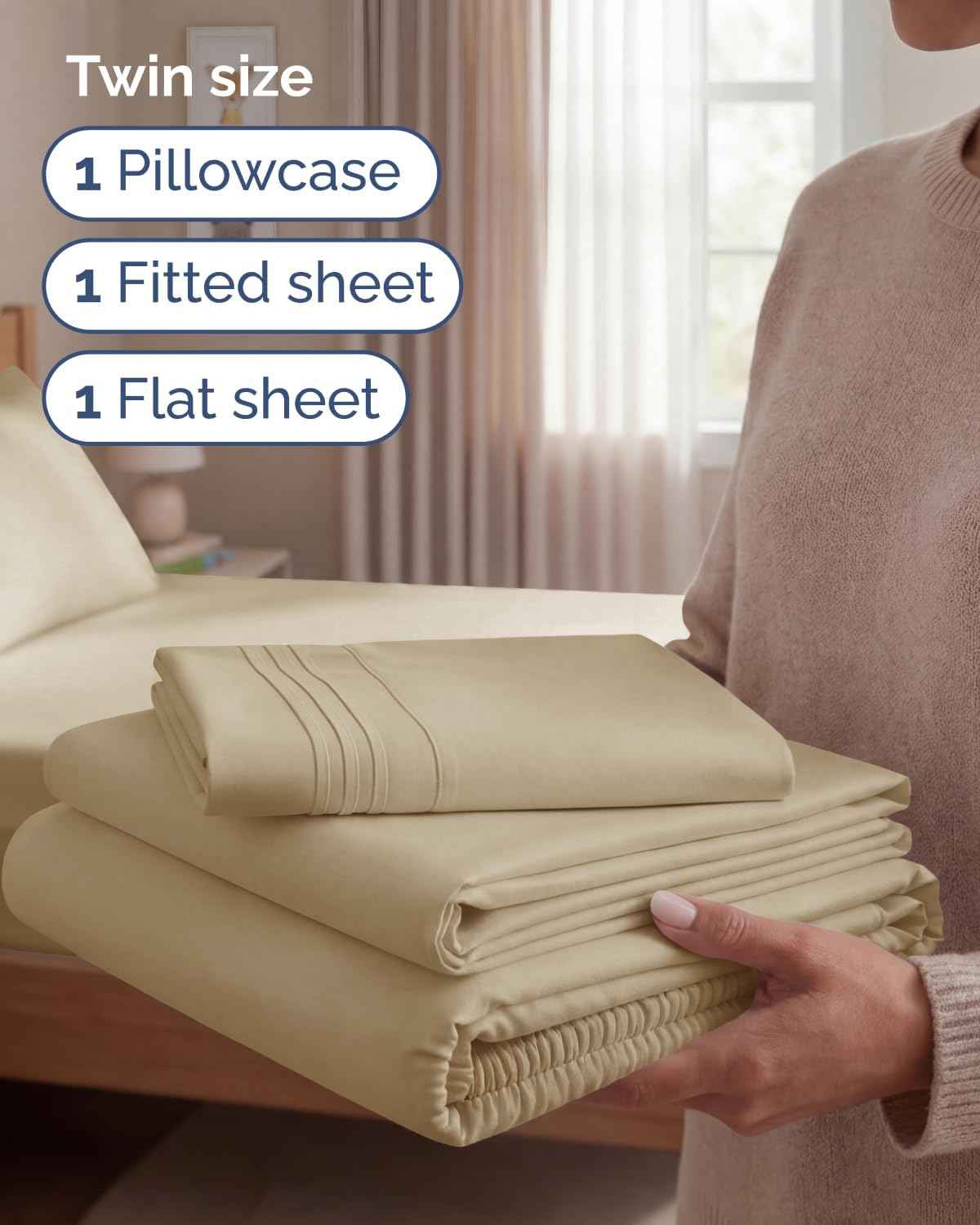 Twin Size 3 Piece Sheet Set - Comfy Breathable & Cooling Sheets - Beige