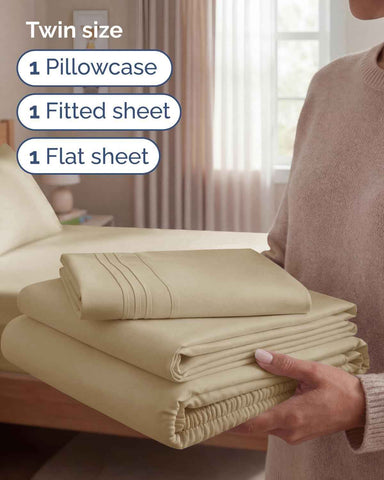 Twin Size 3 Piece Sheet Set - Comfy Breathable & Cooling Sheets - Beige
