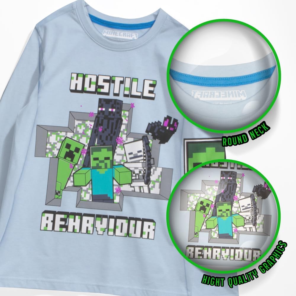 Minecraft Boy's T-Shirt 3-Pack - Long Sleeve, Graphic Print, Soft Cotton, Gaming Tees for Kids