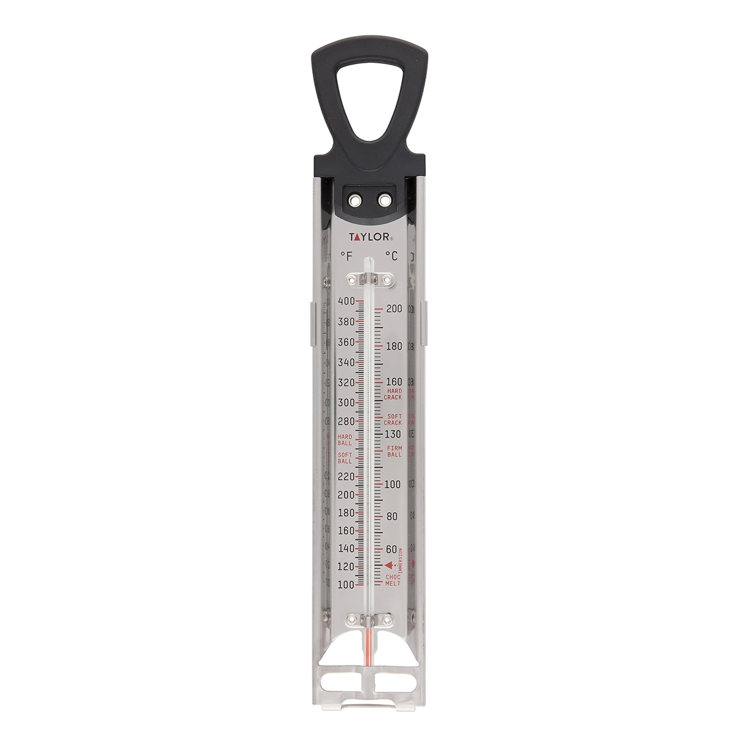 Food Network Candy Thermometer – Clip-On Stainless Steel Design with Stay-Cool Handle, 100°F–400°F Gauge for Candy, Oil & Deep Frying, Oven Safe Construction with Storage Sheath (Red) (Black)