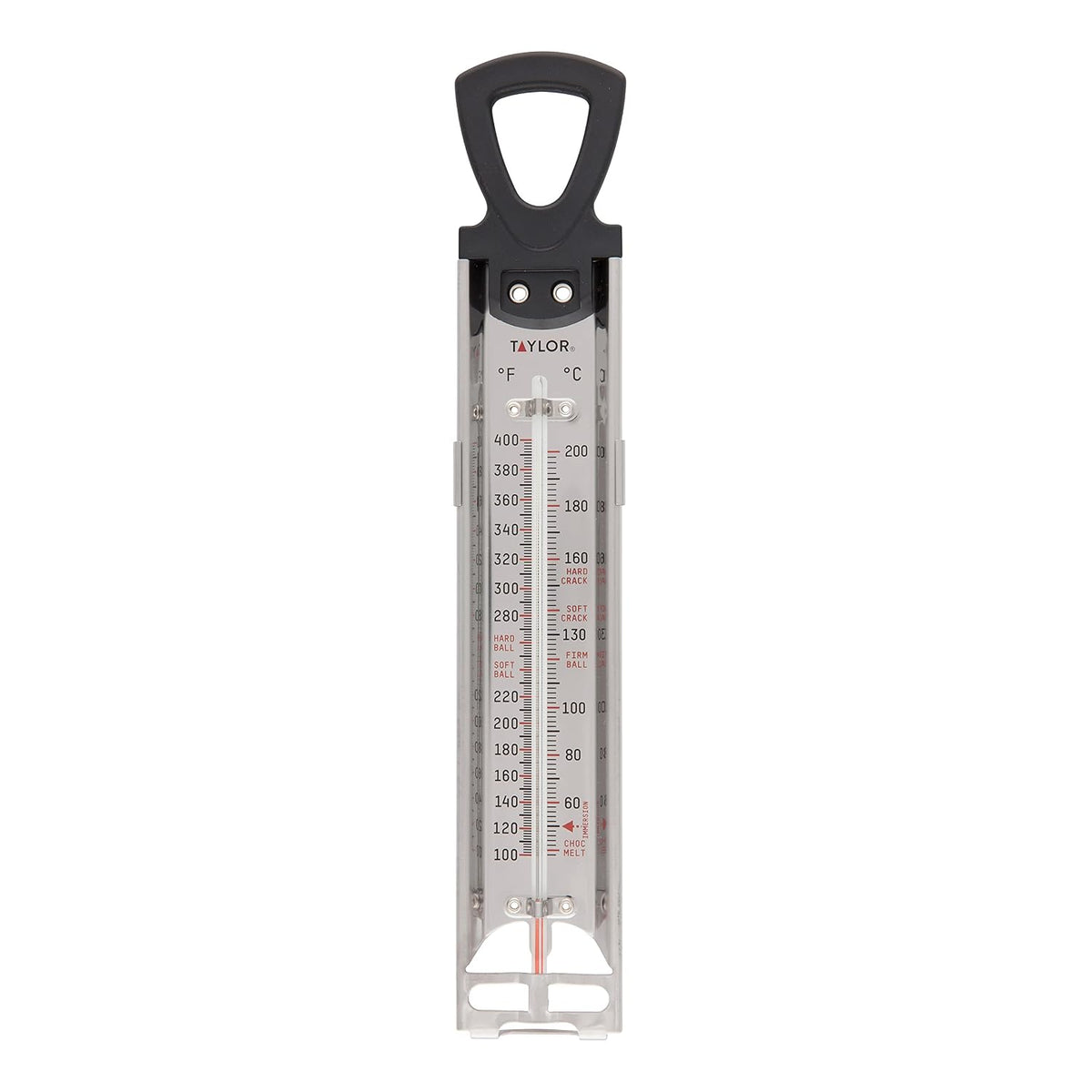 Food Network Candy Thermometer – Clip-On Stainless Steel Design with Stay-Cool Handle, 100°F–400°F Gauge for Candy, Oil & Deep Frying, Oven Safe Construction with Storage Sheath (Red) (Black)