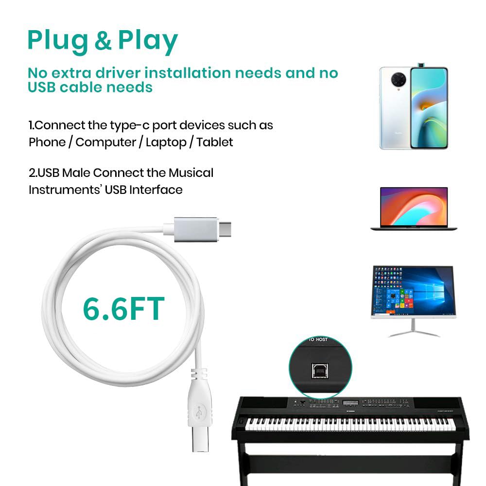 MeloAudio USB C MIDI Interface, Type C to USB 2.0 for Midi Controller, Keyboard, Audio Interface, 6.6FT USB B to USB C Printer Cable for Samsung, Laptop, MacBook