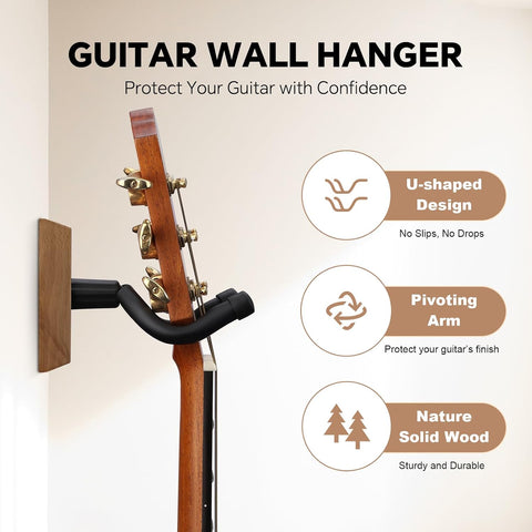 Bandpop Guitar Wall Mount 2 Pack - Black Walnut Guitar Hanger with 5pcs Picks for Acoustic, Electric, Bass, Banjo, Mandolin