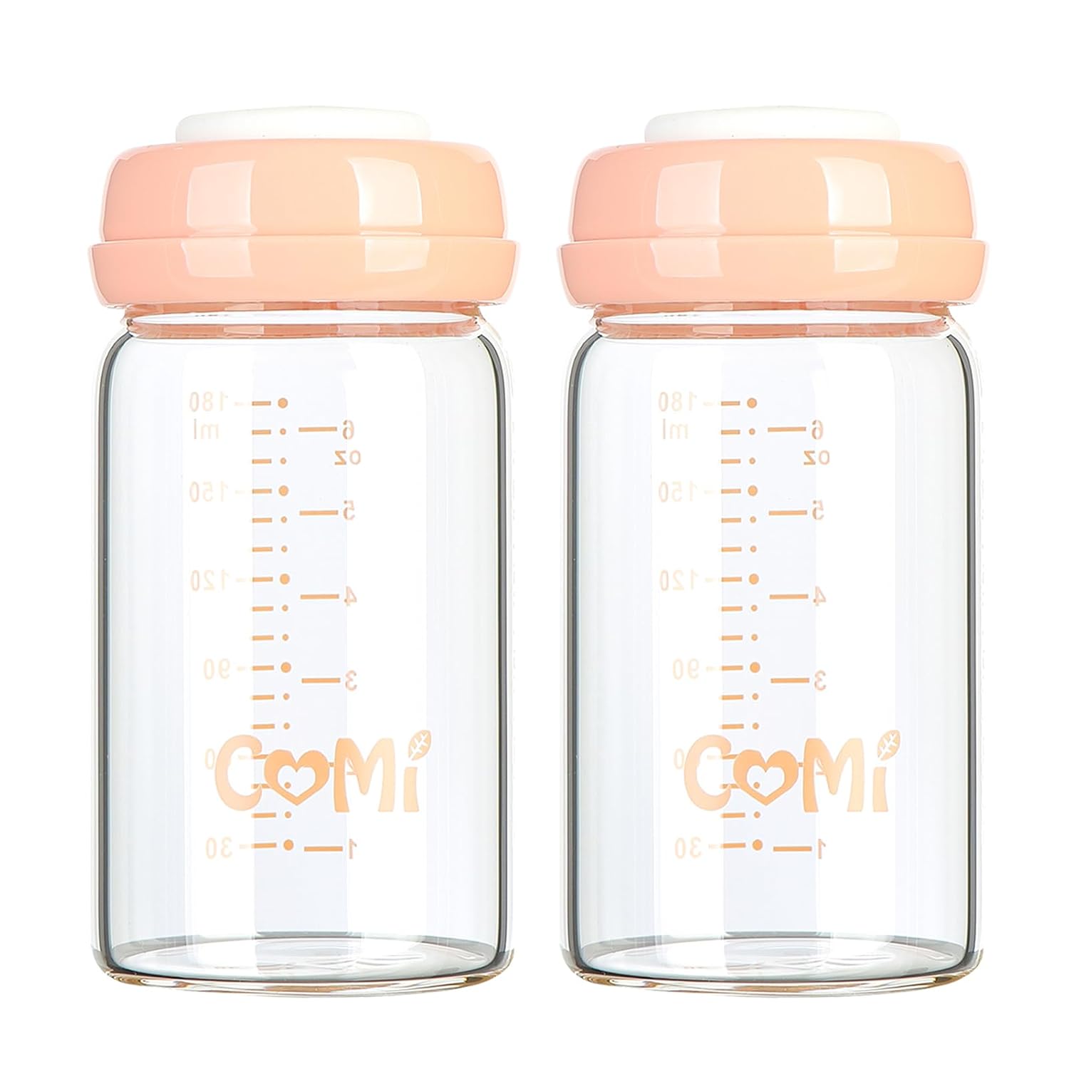 COMI Wide Neck Glass Breastmilk Collection n Storage Bottle, 6oz with Screw Ring Sealing Disk; Re-markable Sealing Disc. BPA Free, Fits Breast Pumps & Nipples (2 Pack Pink Lids)