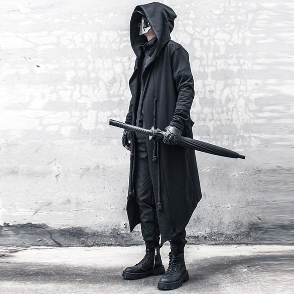 Gothic Cloak Long Hoodie Men Black Wizard Hoodies Streetwear Cardigan Hoodie Techwear Male