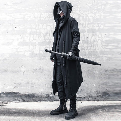 Gothic Cloak Long Hoodie Men Black Wizard Hoodies Streetwear Cardigan Hoodie Techwear Male