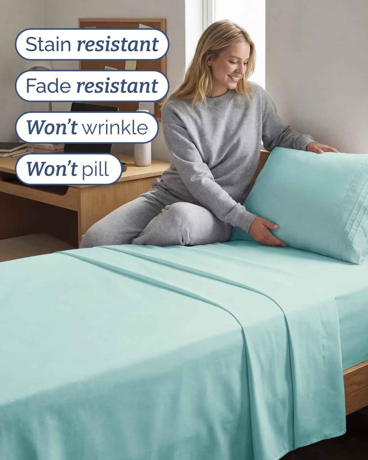 Twin XL 3 Piece Sheet Set - College Dorm Room Essentials - Spa Blue