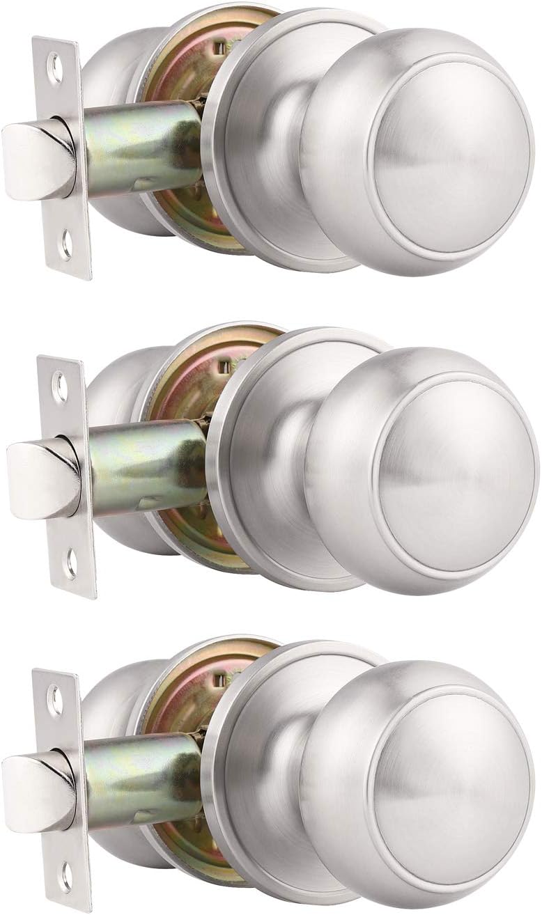 Probrico 3 Pack Round Passage Door Knob(Non-Locking Knobs), Keyless Doorknobs Interior/Exterior Door Lockset,Passage Knobs for Hallway/Closet,Satin Nickel Finish Modern Design Door Hardware