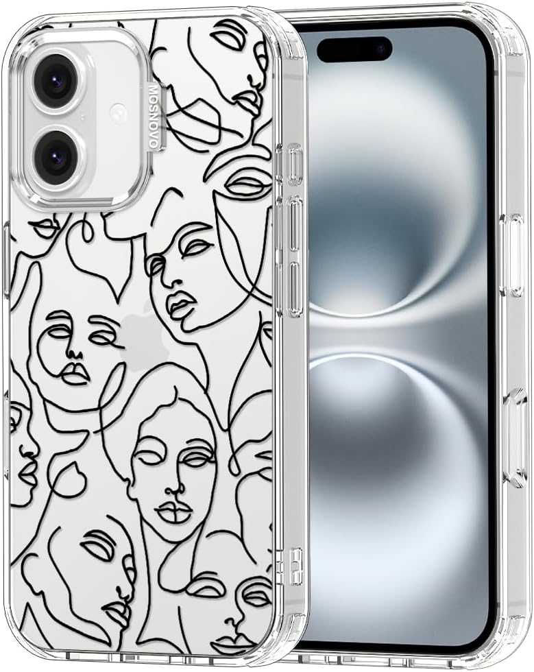 MOSNOVO Case for iPhone 16 Plus, [Buffertech 6.6ft Military-Grade Drop Protection] [Anti Peel Off Tech] Clear TPU Bumper Phone Case Cover Design - Abstract Face Line Art