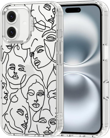 MOSNOVO Case for iPhone 16 Plus, [Buffertech 6.6ft Military-Grade Drop Protection] [Anti Peel Off Tech] Clear TPU Bumper Phone Case Cover Design - Abstract Face Line Art