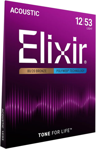 Elixir Strings, Acoustic Guitar Strings, 80/20 Bronze with POLYWEB Technology, Longest-Lasting Warm Tone with Comfortable Feel, 6 String Set, Light 12-53