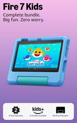 Amazon Fire 7 Kids tablet, ages 3-7. Top-selling 7" kids tablet on Amazon. Includes ad-free and exclusive content, easy parental controls, 10-hr battery, 16 GB, Blue