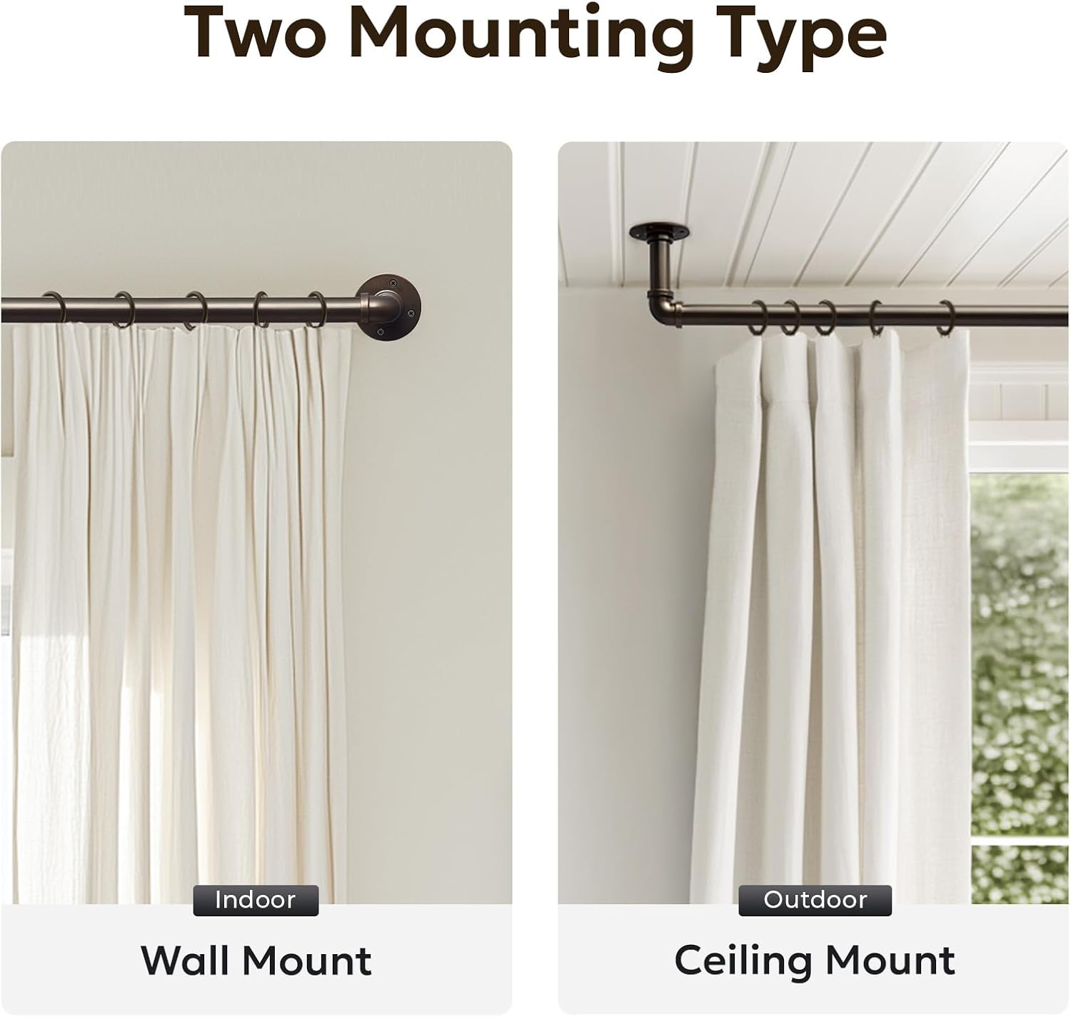 Zeerobee 1 Inch Industrial Curtain Rods, Antique Bronze, 32"-48"