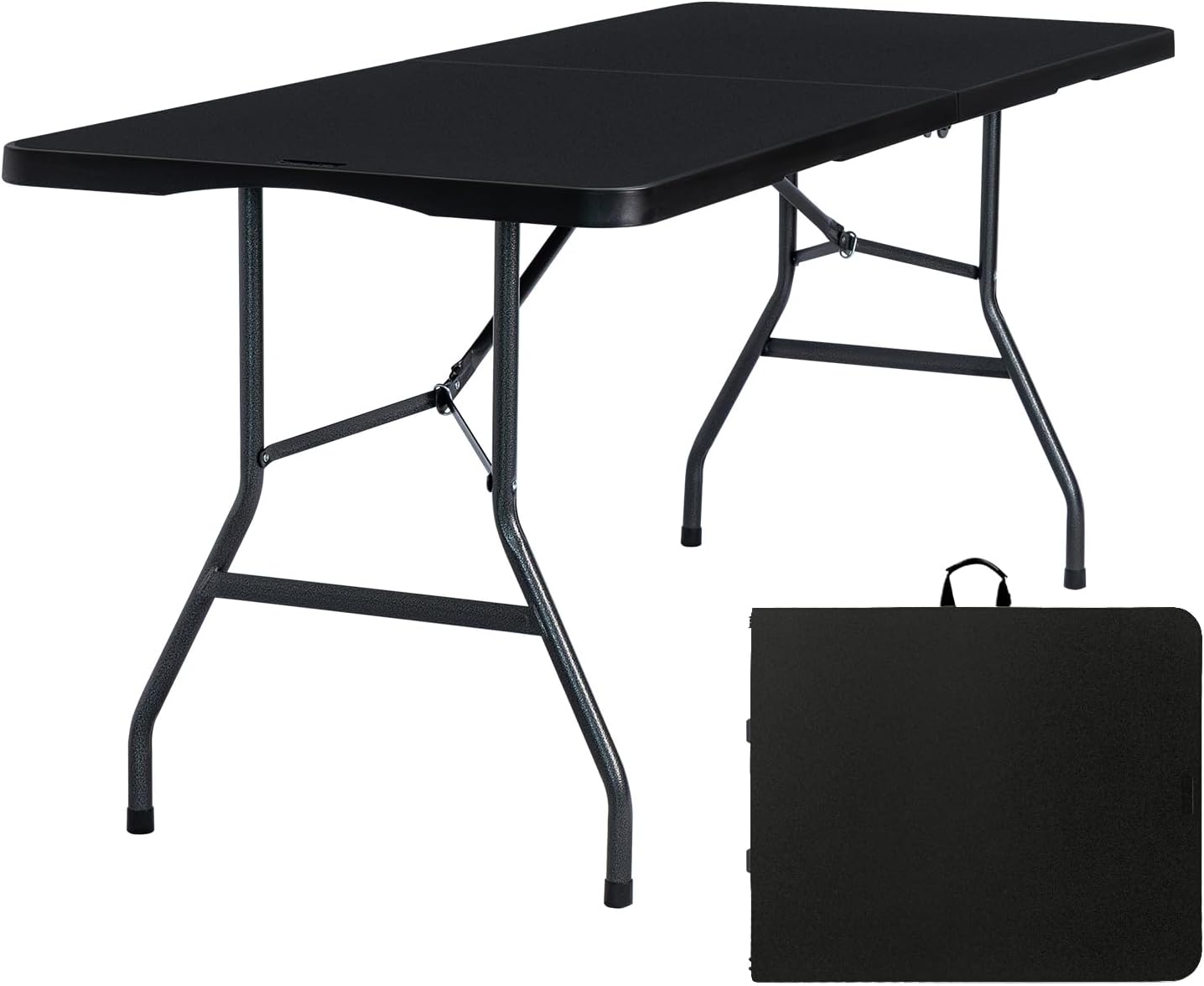Folding Table 6ft, Heavy Duty Portable Utility Table with Handle, Black