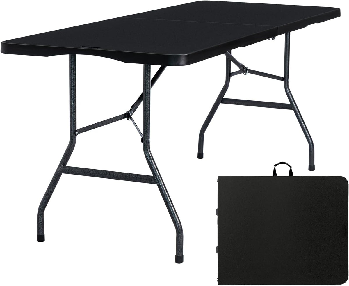 Folding Table 6ft, Heavy Duty Portable Utility Table with Handle, Black