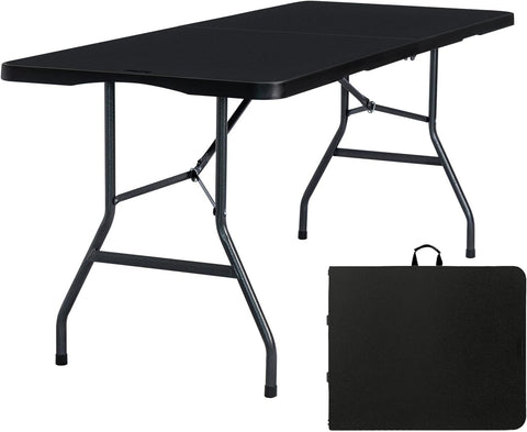 Folding Table 6ft, Heavy Duty Portable Utility Table with Handle, Black