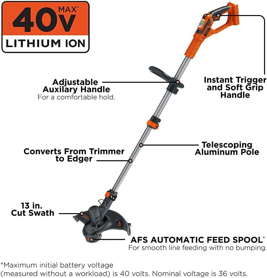 BLACK+DECKER 40V MAX String Trimmer and Lawn Edger, 13 Inch Weed Eater, Far Reach, Battery and Charger Not Included (LST136B)