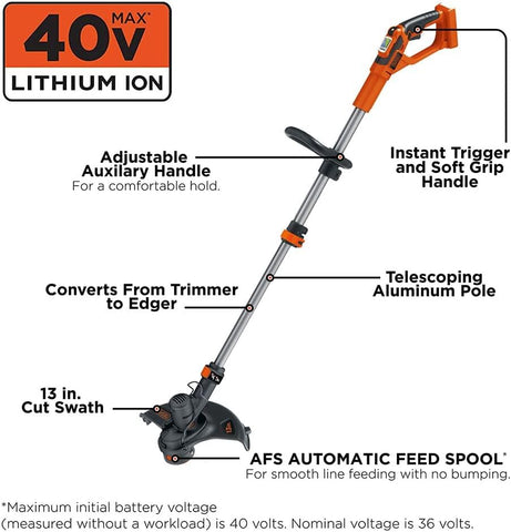 BLACK+DECKER 40V MAX String Trimmer and Lawn Edger, 13 Inch Weed Eater, Far Reach, Battery and Charger Not Included (LST136B)