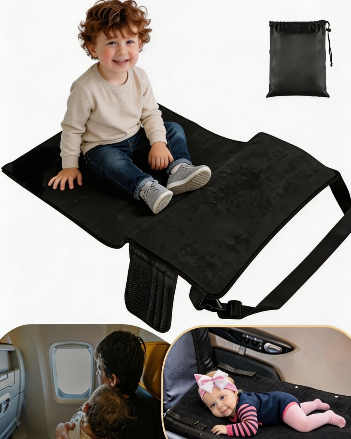 Black Toddler Airplane Bed, Portable Airplane Seat Extender Travel Bed for Kids, Soft Baby Plane Travel Essentials for Flying, Toddlers Long Flight Must Haves Footrest
