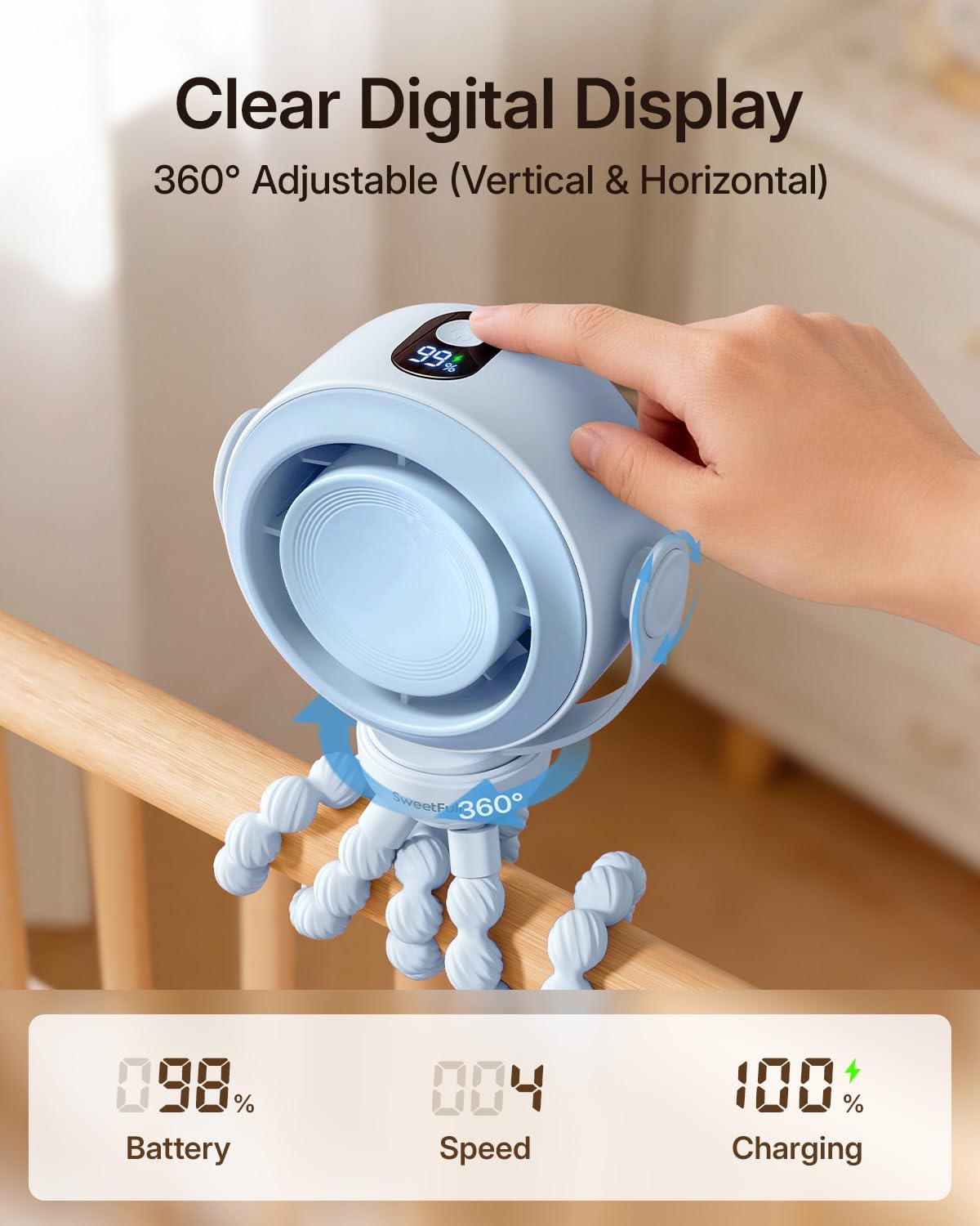 SWEETFULL Portable Stroller Fan, Pinch-Proof Baby Fan - Blue