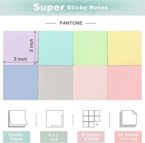 Sticky Notes 3x3 Inch, 8 Pads, Light Colors Self-Adhesive, 80 Sheets/Pad