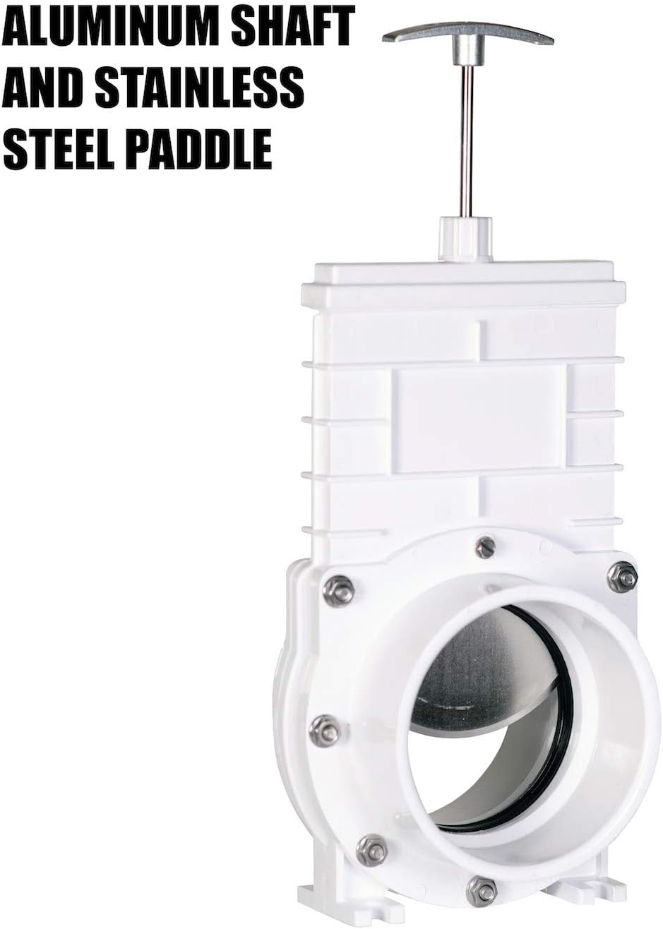 Valterra 4" PVC Gate Valve, slip/hub fittings with stainless steel paddle for Koi/Slurry Ponds, Aquaculture, Sewer lines & more, White (6401)