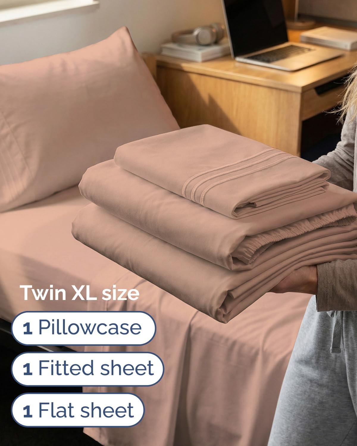 Twin XL 3 Piece Sheet Set - College Dorm Room Essentials - Mauve