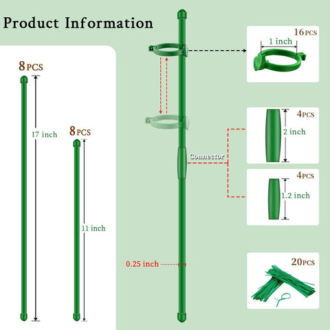 Plant Stakes 17inch &11inch SupKing Adjustable Length Plant Support Stake 16Pcs Orchid Stick with Clips for Indoor Outdoor,Garden Pole for Potted Tomato Amaryllis Vegetables Comes with 20 Ties (Green)