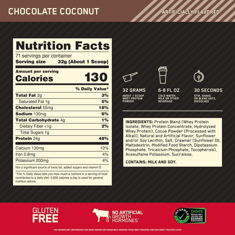 Optimum Nutrition Gold Standard 100% Whey Protein Powder, Chocolate Coconut, 5 Pound (Packaging May Vary)