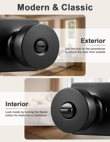 Probrico Bedroom Door Knobs Interior, Privacy Keyless Door Handles for Bedroom or Bathroom, 1 Pack Square Panel Door Knob in Matte Black Finish