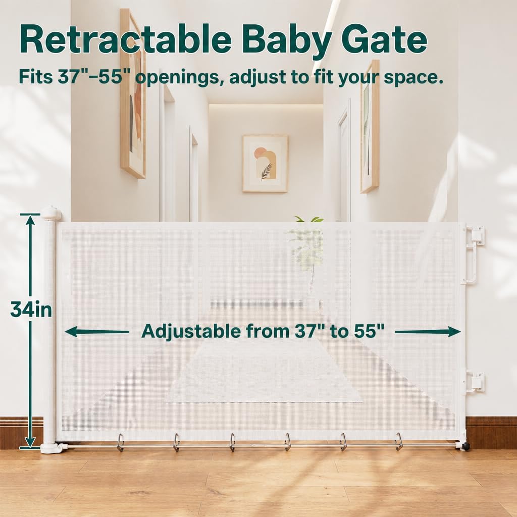 Cumbor 37-55" Retractable Baby Gates for Stairs & Doorways, White