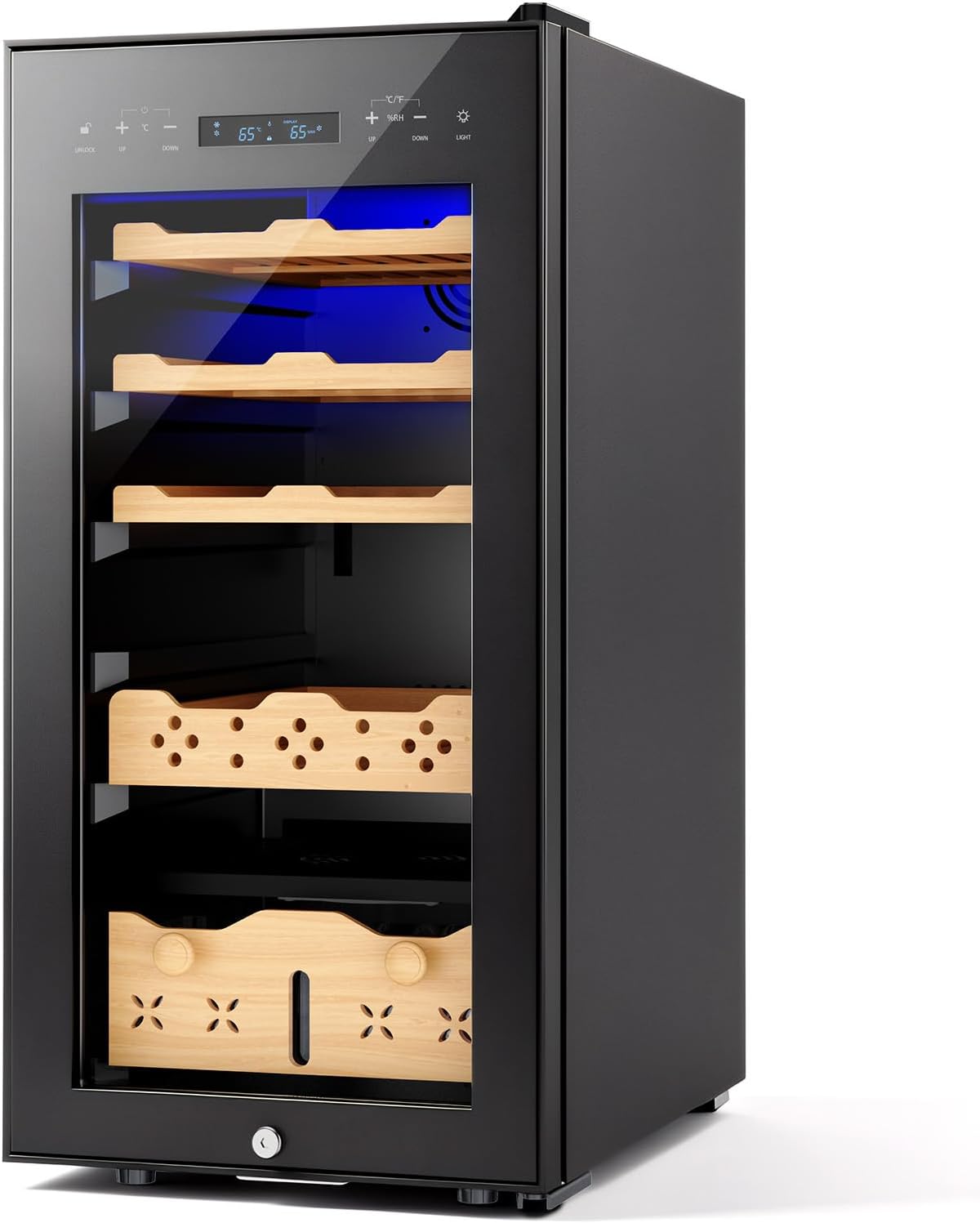 15 Inch Electric Humidor, Large Capacity Humidor Cabinet with Powerful Compressor Cooling, Dual Temp & Humidity Control (61-72°F / 65-75% RH), LED Display with Blue Light & Security Lock