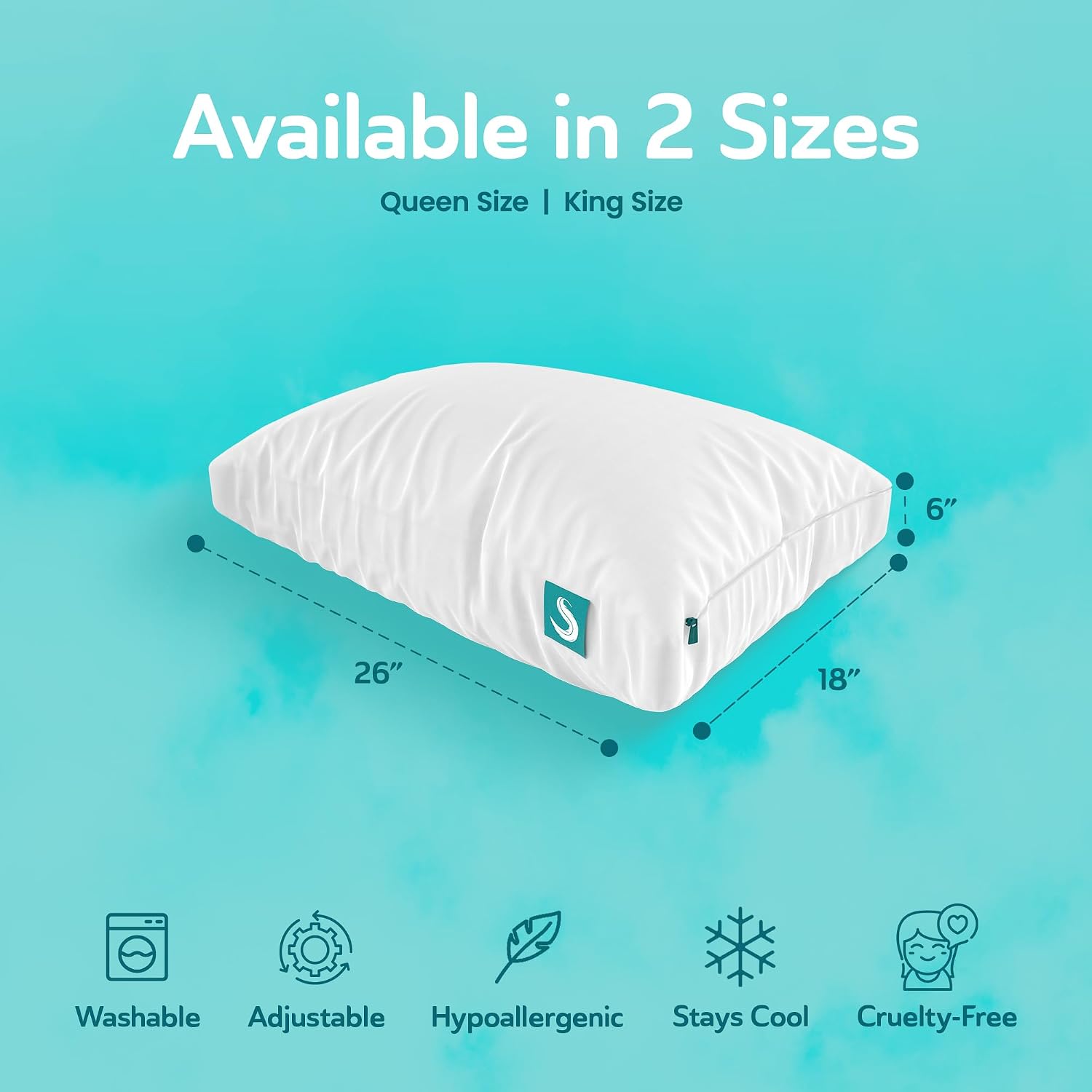 Sleepgram Cooling Bed Pillow, Bed Support Adjustable Hypoallergenic Soft Sleeping Head Rest with Removable Cover, Queen Size, White